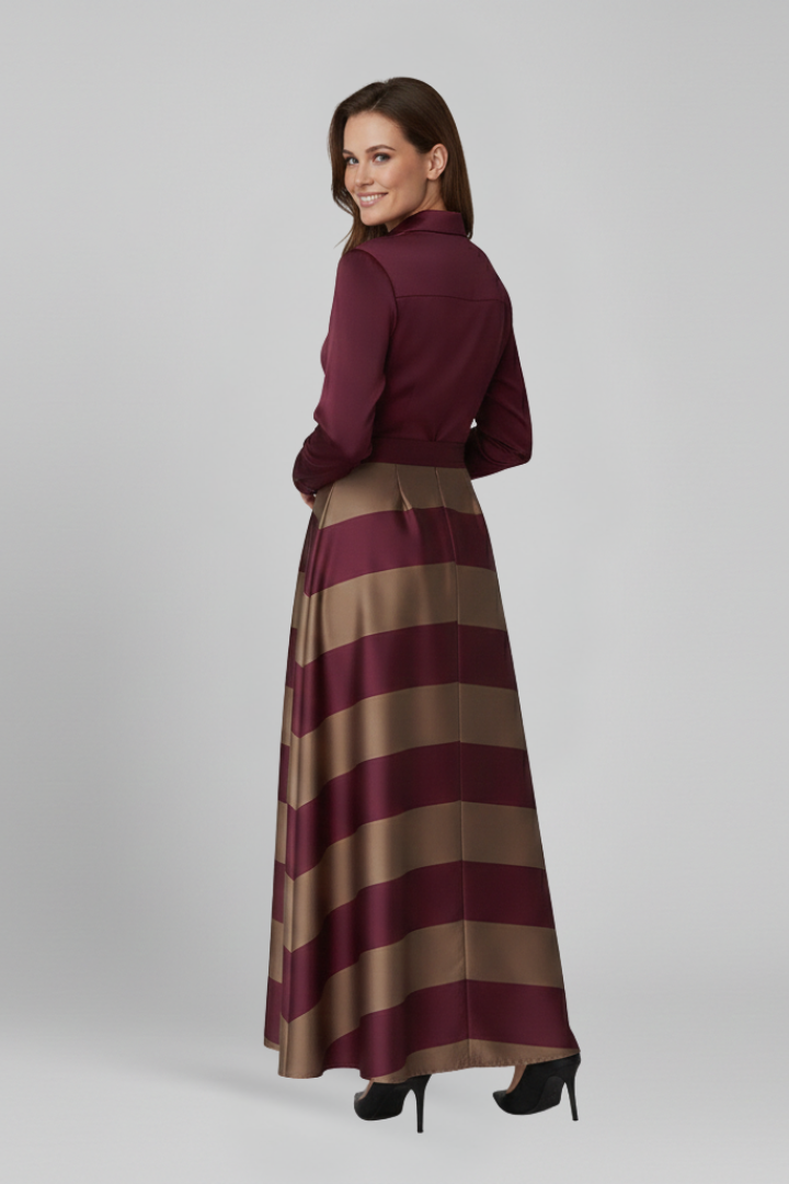 Striped Shirt Collar Long Sleeve Maxi Dress | Belted Maxi Gown