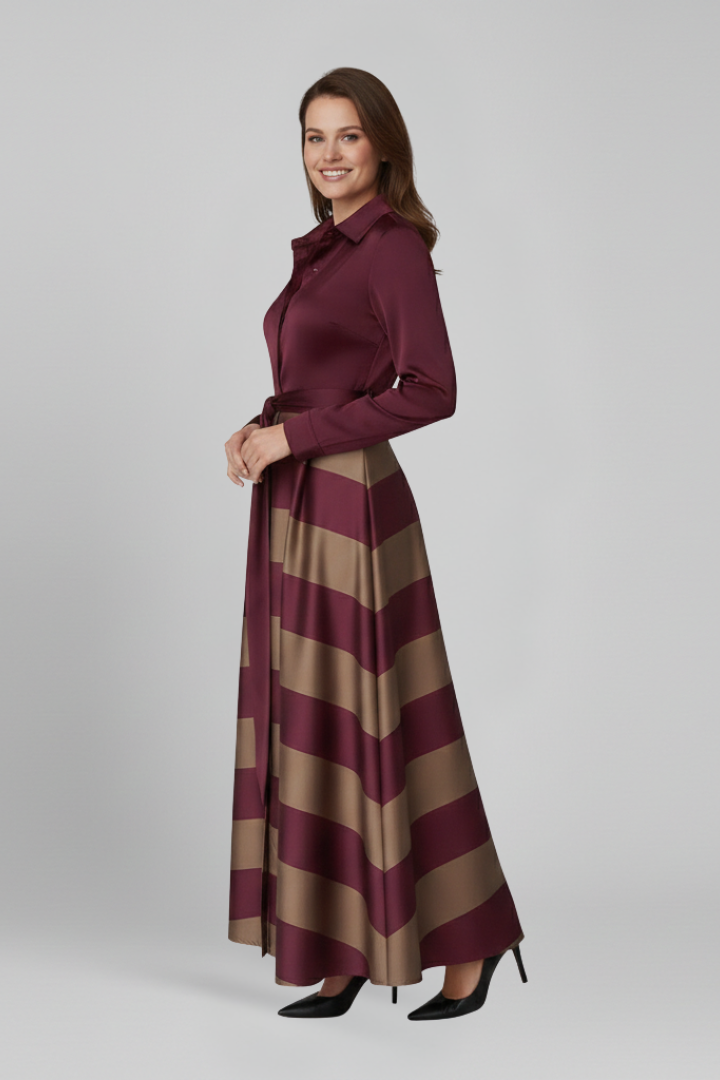 Striped Shirt Collar Long Sleeve Maxi Dress | Belted Maxi Gown
