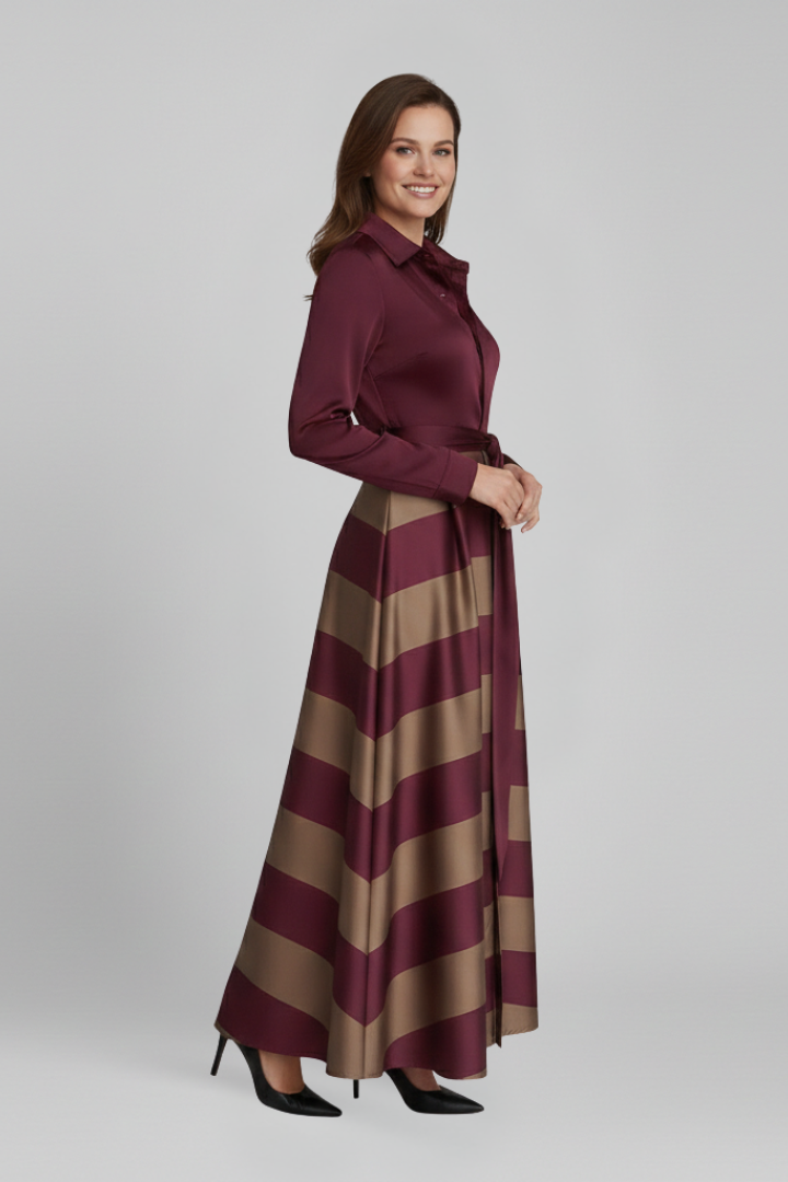Striped Shirt Collar Long Sleeve Maxi Dress | Belted Maxi Gown