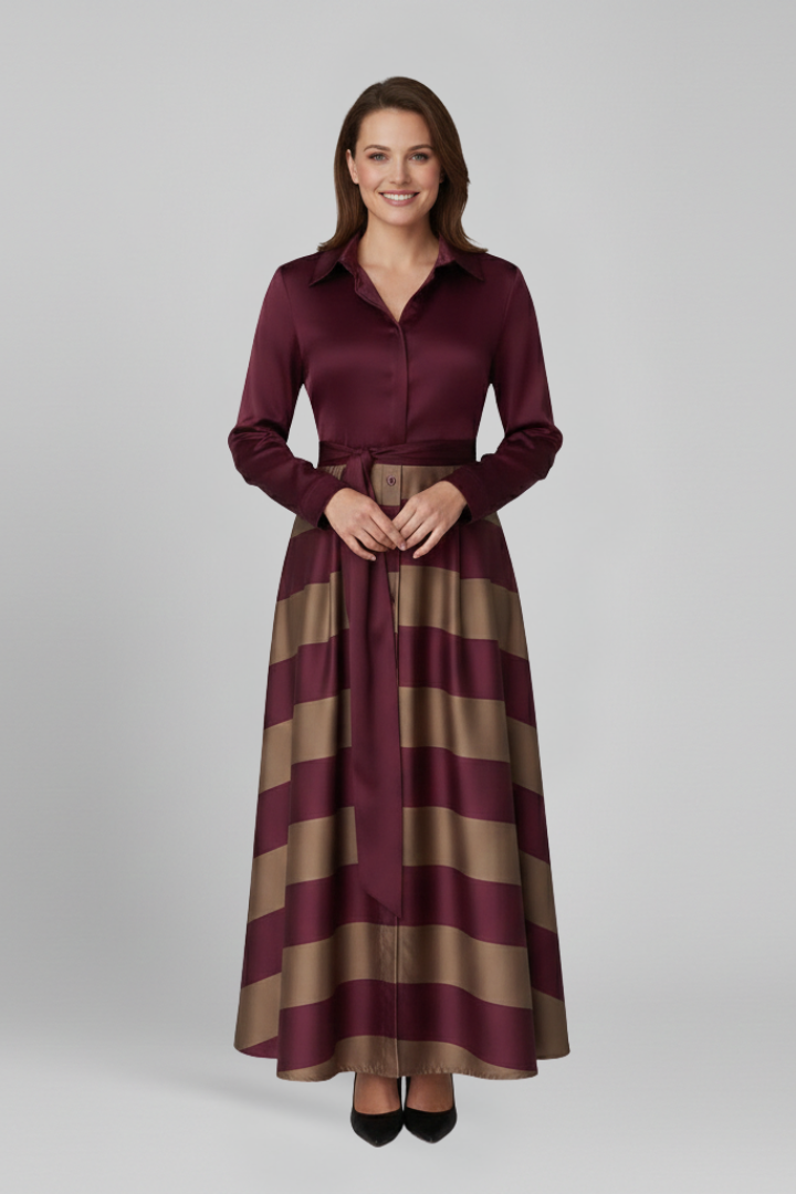 Striped Shirt Collar Long Sleeve Maxi Dress | Belted Maxi Gown