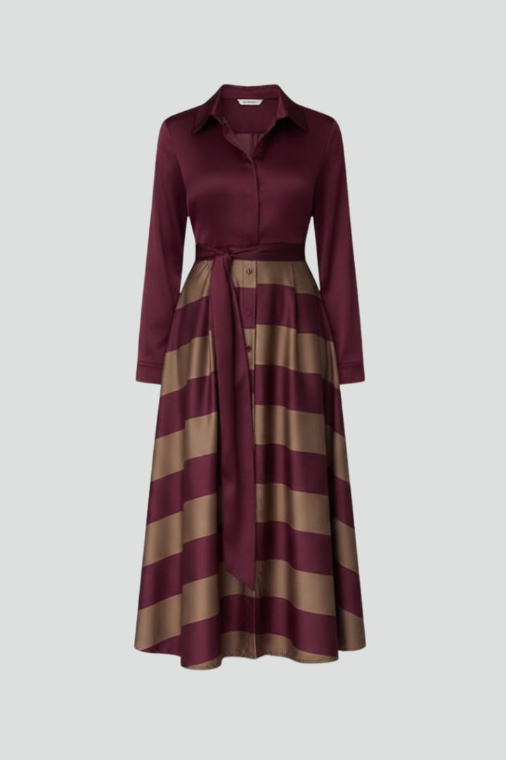 Striped Shirt Collar Long Sleeve Maxi Dress | Belted Maxi Gown