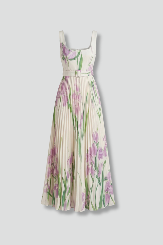 Floral Pleated Maxi Sundress | Belted Wedding Guest Dress