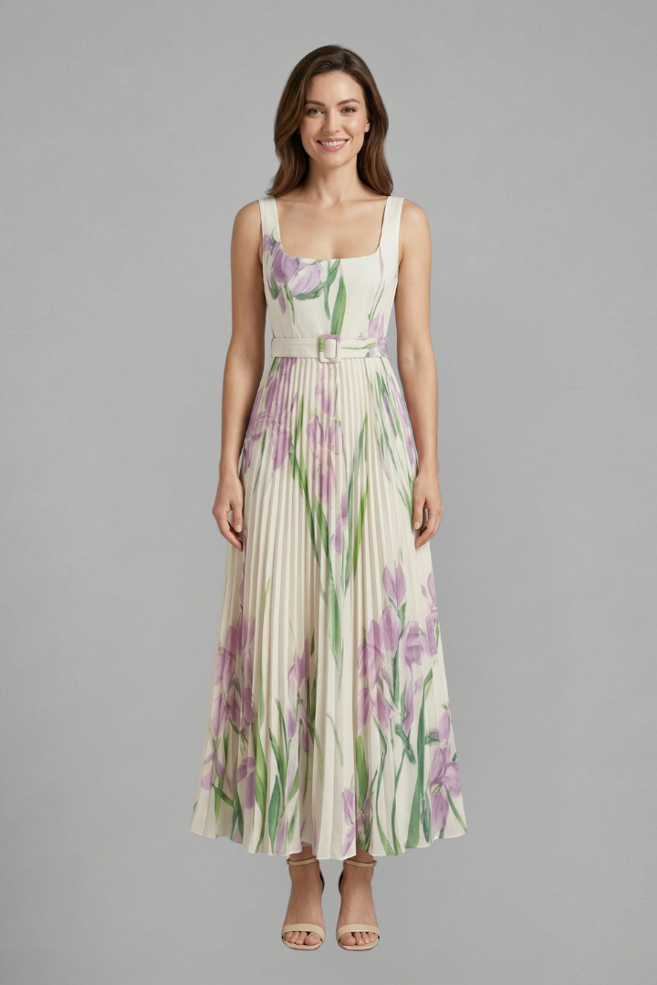 Floral Pleated Maxi Sundress | Belted Wedding Guest Dress