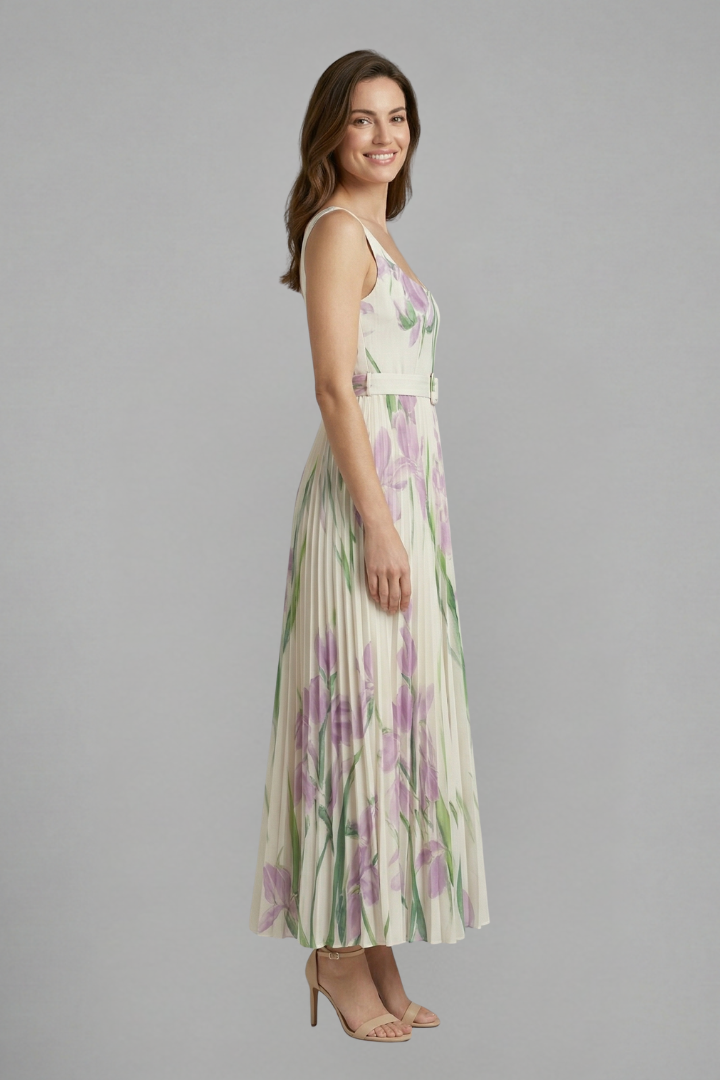 Floral Pleated Maxi Sundress | Belted Wedding Guest Dress