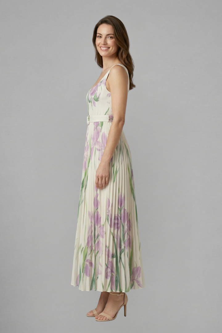 Floral Pleated Maxi Sundress | Belted Wedding Guest Dress