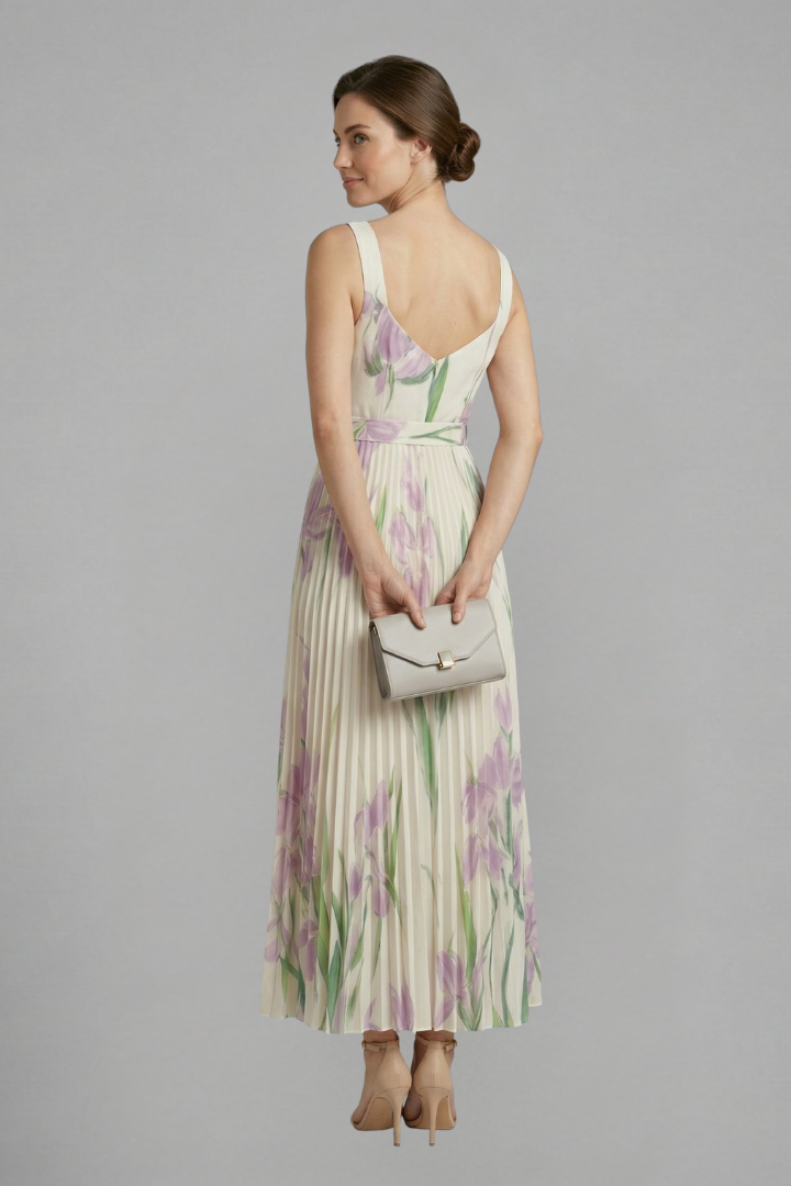 Floral Pleated Maxi Sundress | Belted Wedding Guest Dress