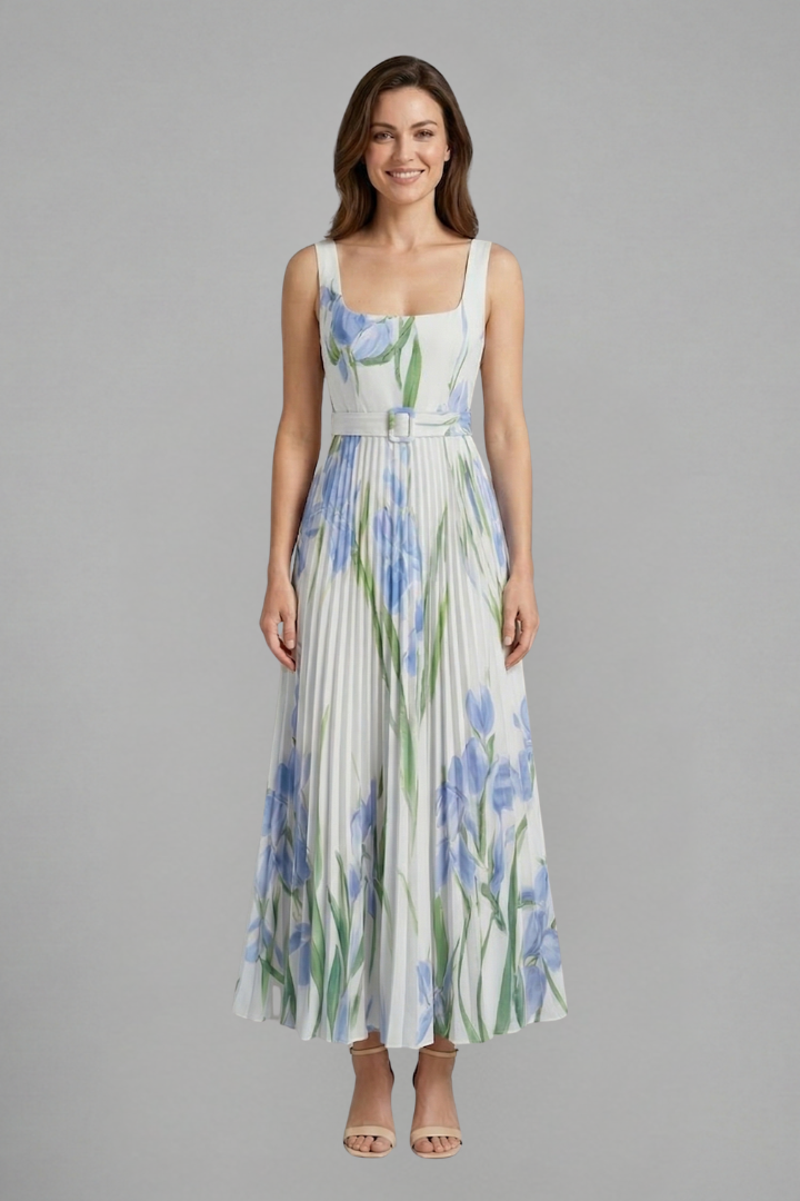 Floral Pleated Maxi Sundress | Belted Wedding Guest Dress