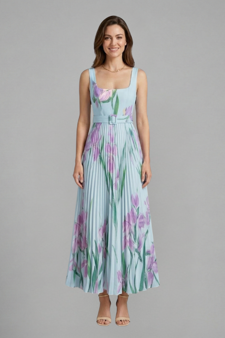 Floral Pleated Maxi Sundress | Belted Wedding Guest Dress