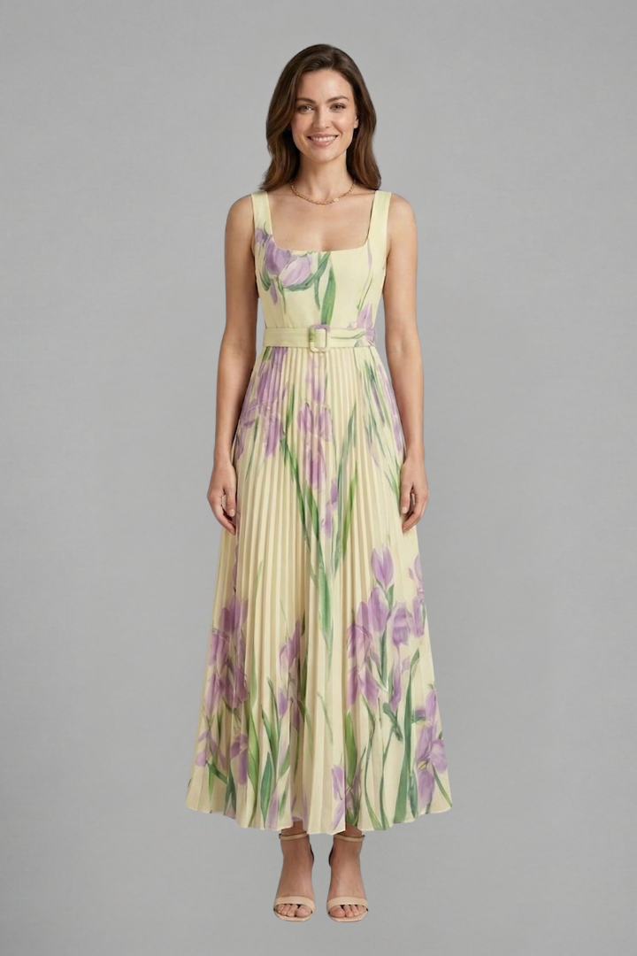 Floral Pleated Maxi Sundress | Belted Wedding Guest Dress