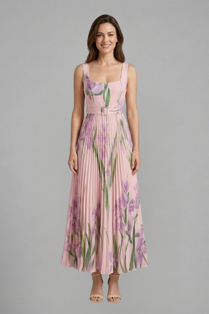 Floral Pleated Maxi Sundress | Belted Wedding Guest Dress