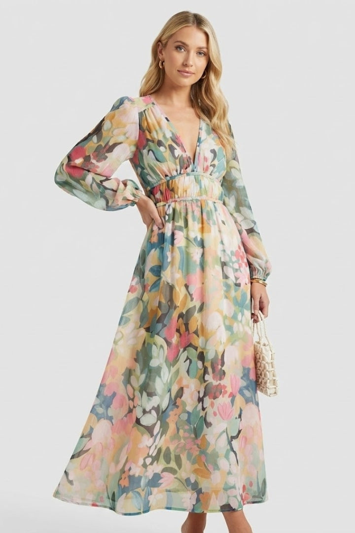 Floral Bishop Sleeve Maxi Dress | Long Sleeve Wedding Guest Dress