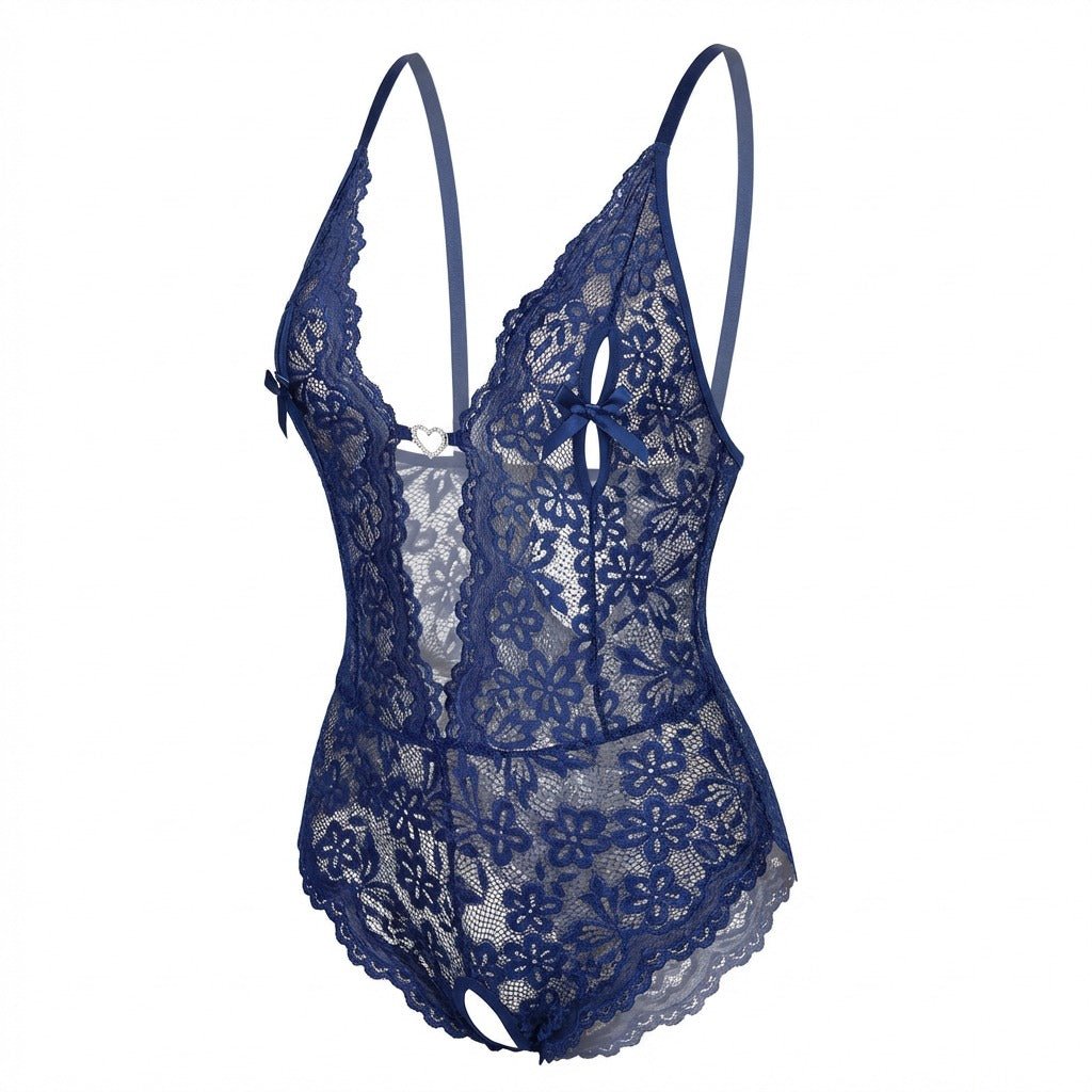 Women's Floral Lace Crotchless Teddy | Bold Sexy Underwear with Rhinestone Detail 0