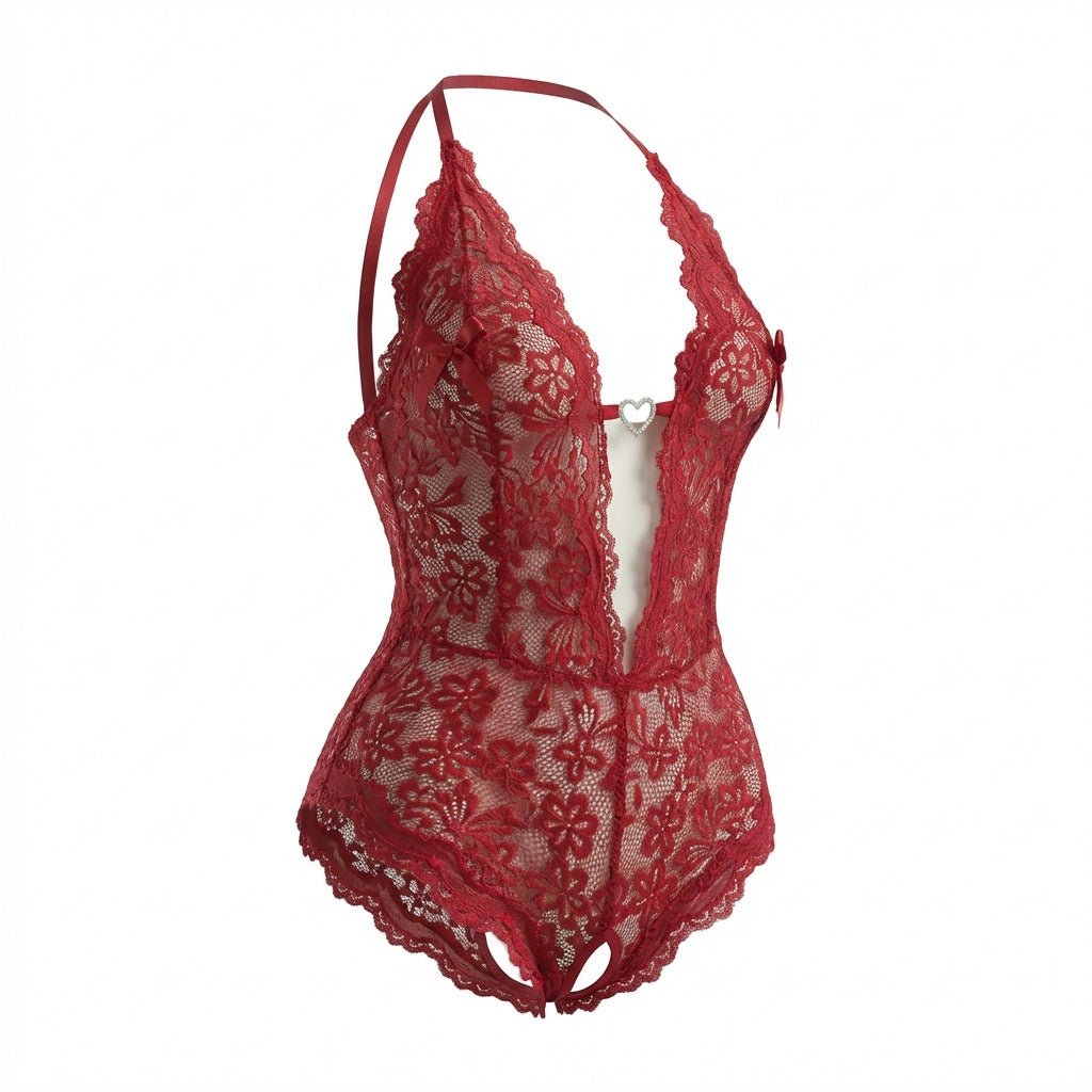 Women's Floral Lace Crotchless Teddy | Bold Sexy Underwear with Rhinestone Detail 9