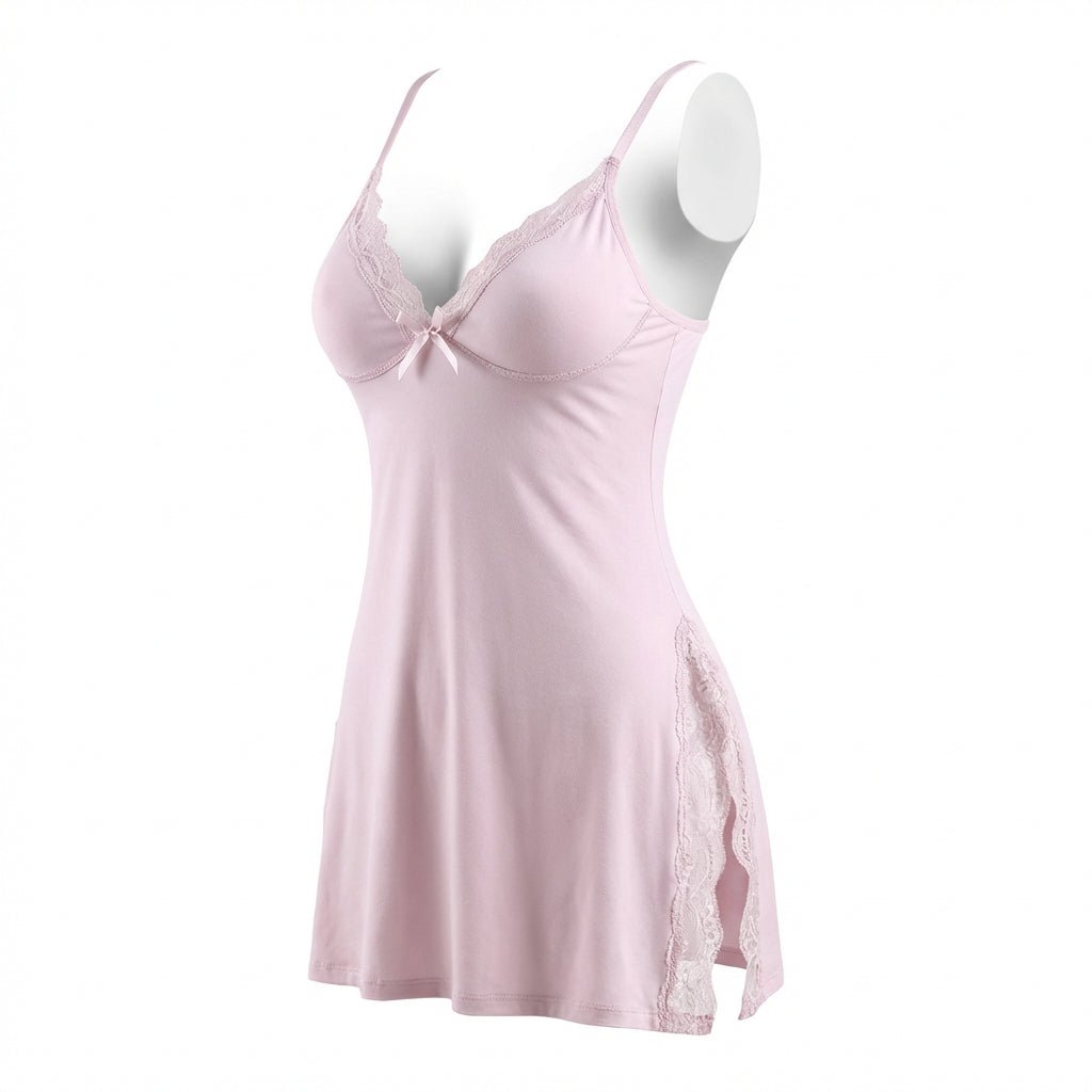 Women's Soft Lace Chemise Sleepwear | Elegant High Side Slits Nightwear 0