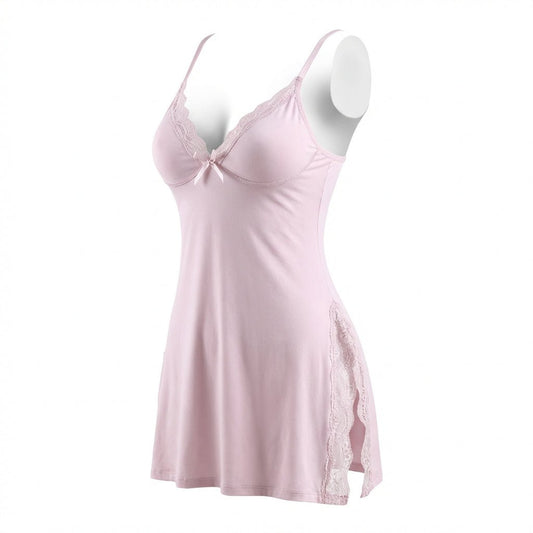 Women's Soft Lace Chemise Sleepwear | Elegant High Side Slits Nightwear 0