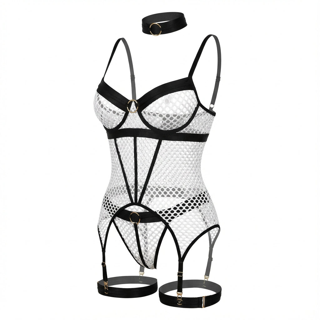 Fishnet Bodysuit With Suspender Thigh Straps