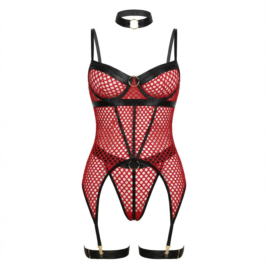 Fishnet Bodysuit With Suspender Thigh Straps