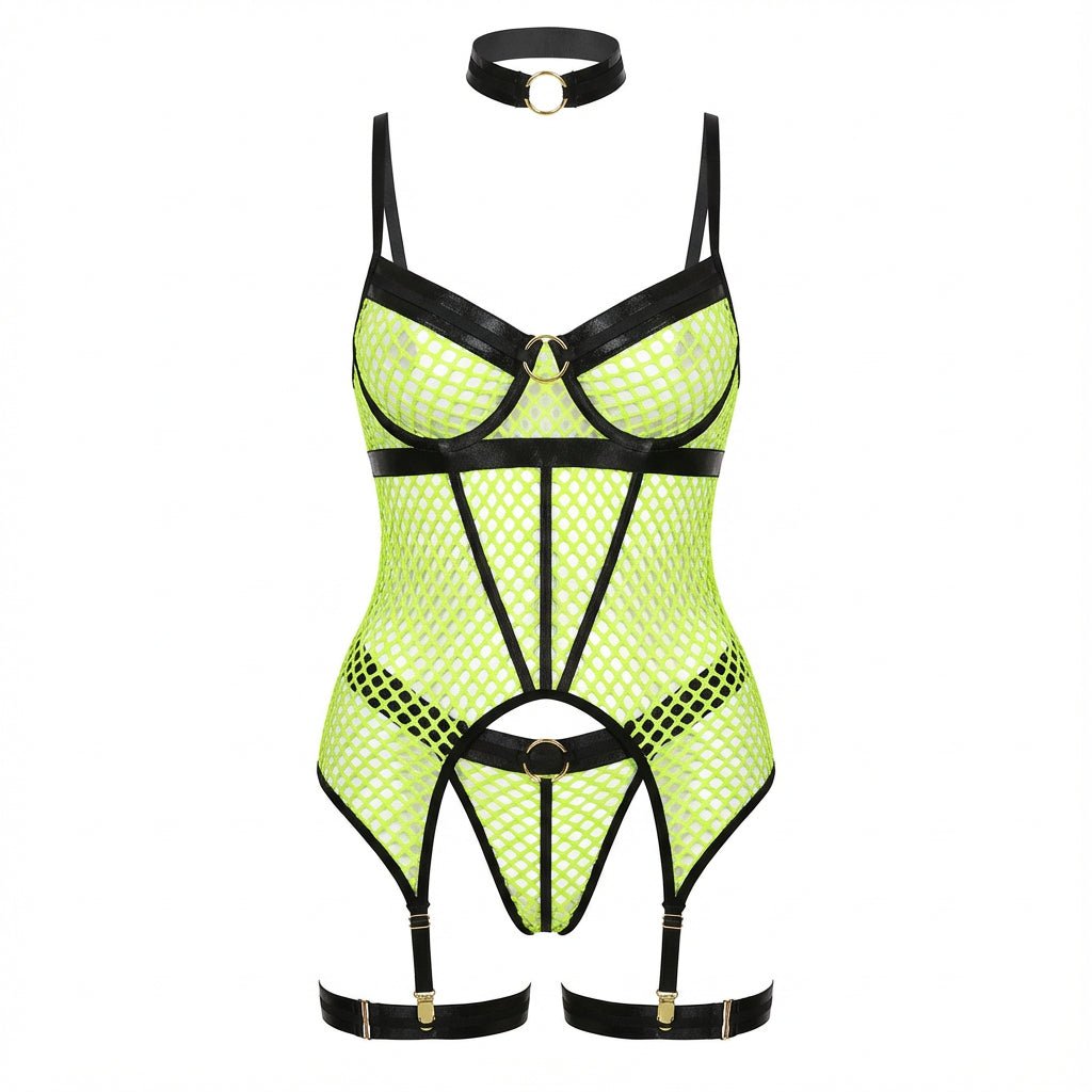 Fishnet Bodysuit With Suspender Thigh Straps