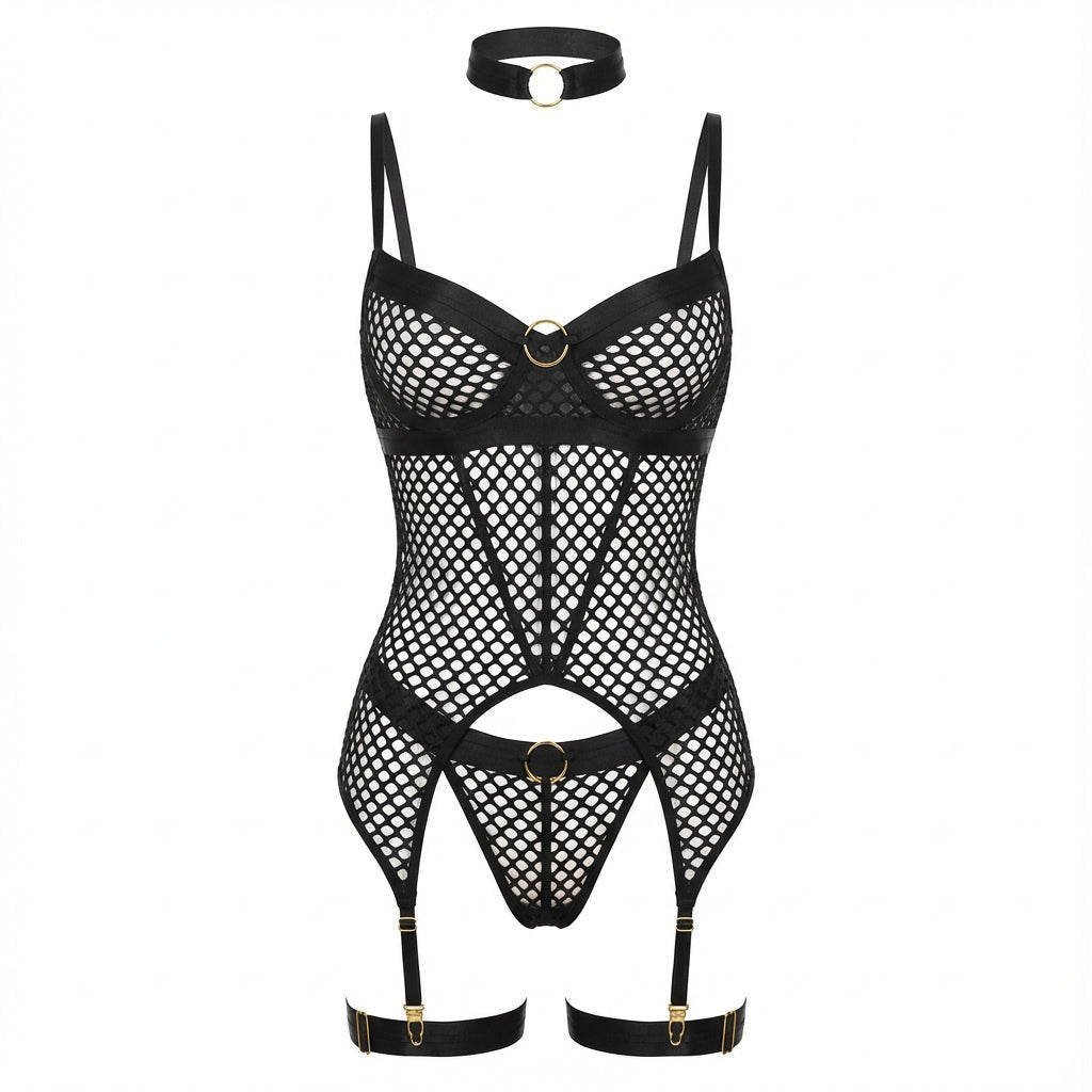 Fishnet Bodysuit With Suspender Thigh Straps