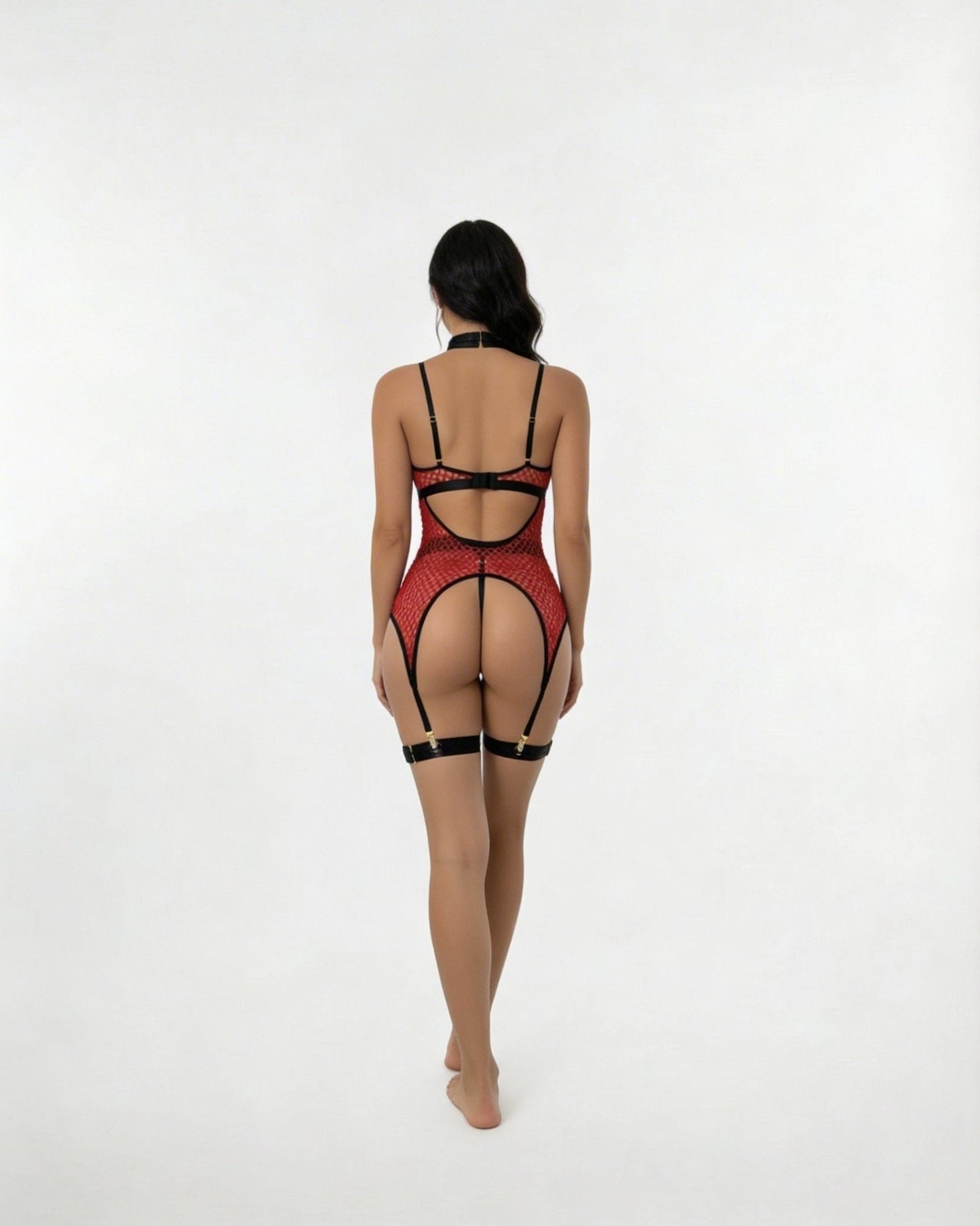 Fishnet Bodysuit With Suspender Thigh Straps