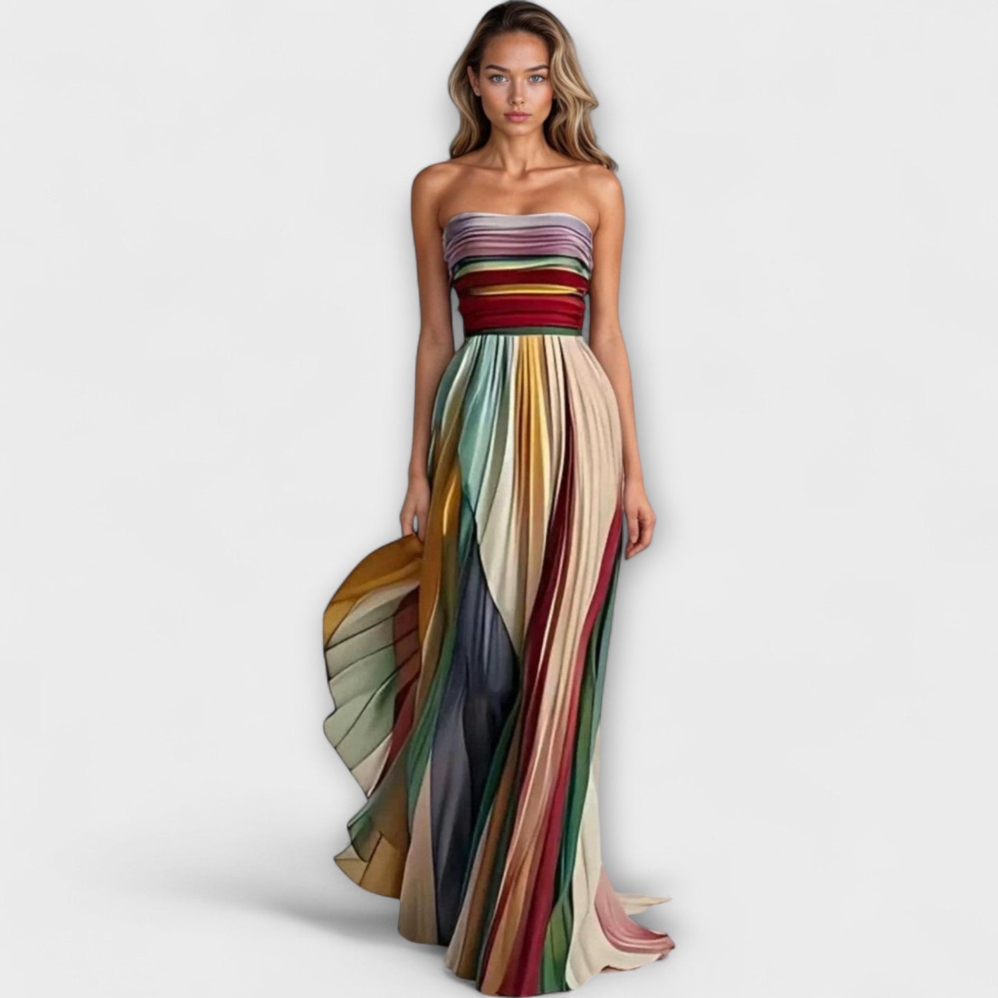Rainbow Pleated Strapless Maxi Wedding Guest Dress