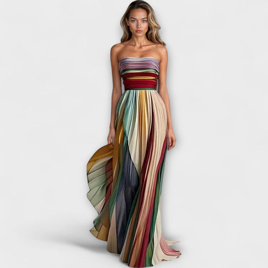Rainbow Pleated Strapless Maxi Wedding Guest Dress