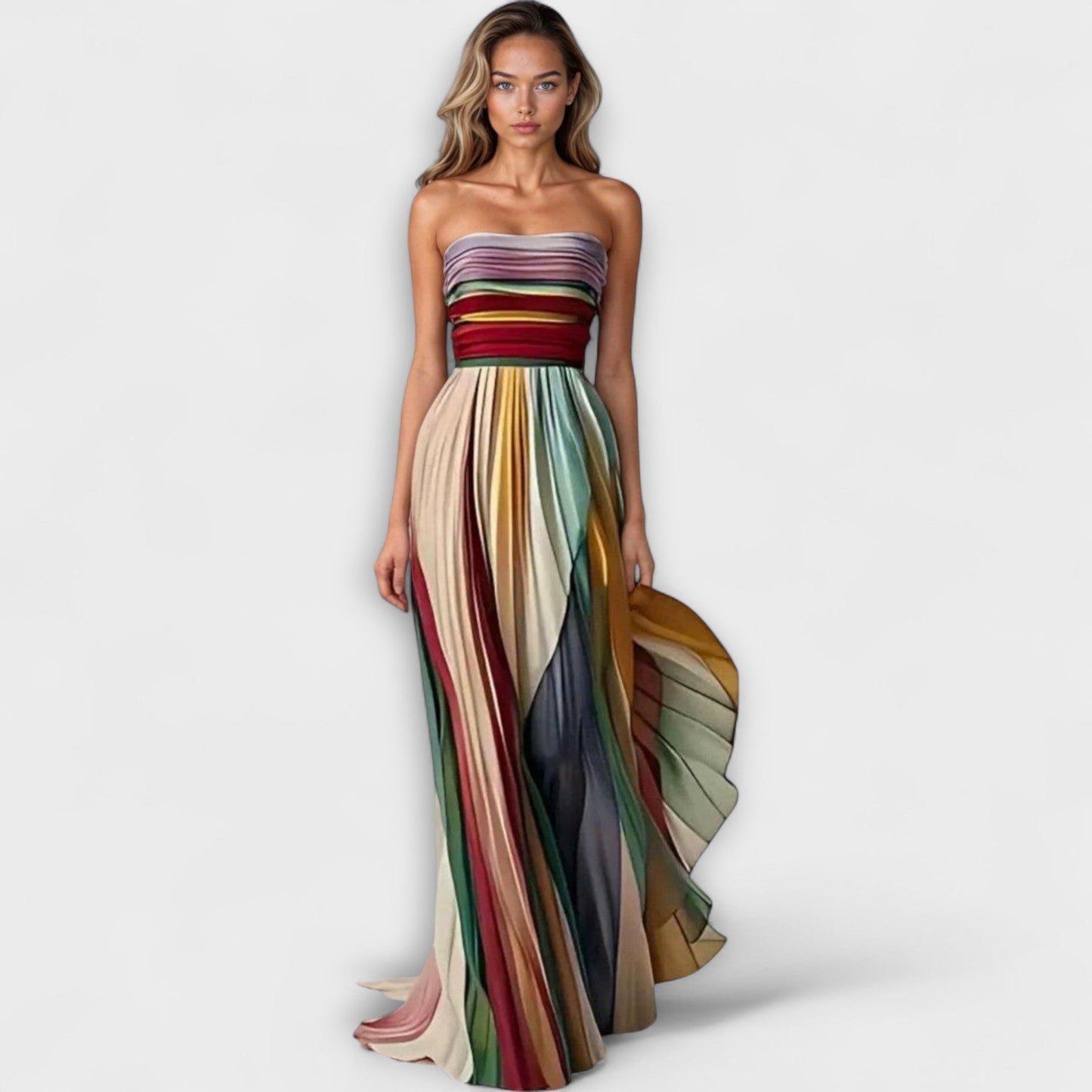 Rainbow Pleated Strapless Maxi Wedding Guest Dress