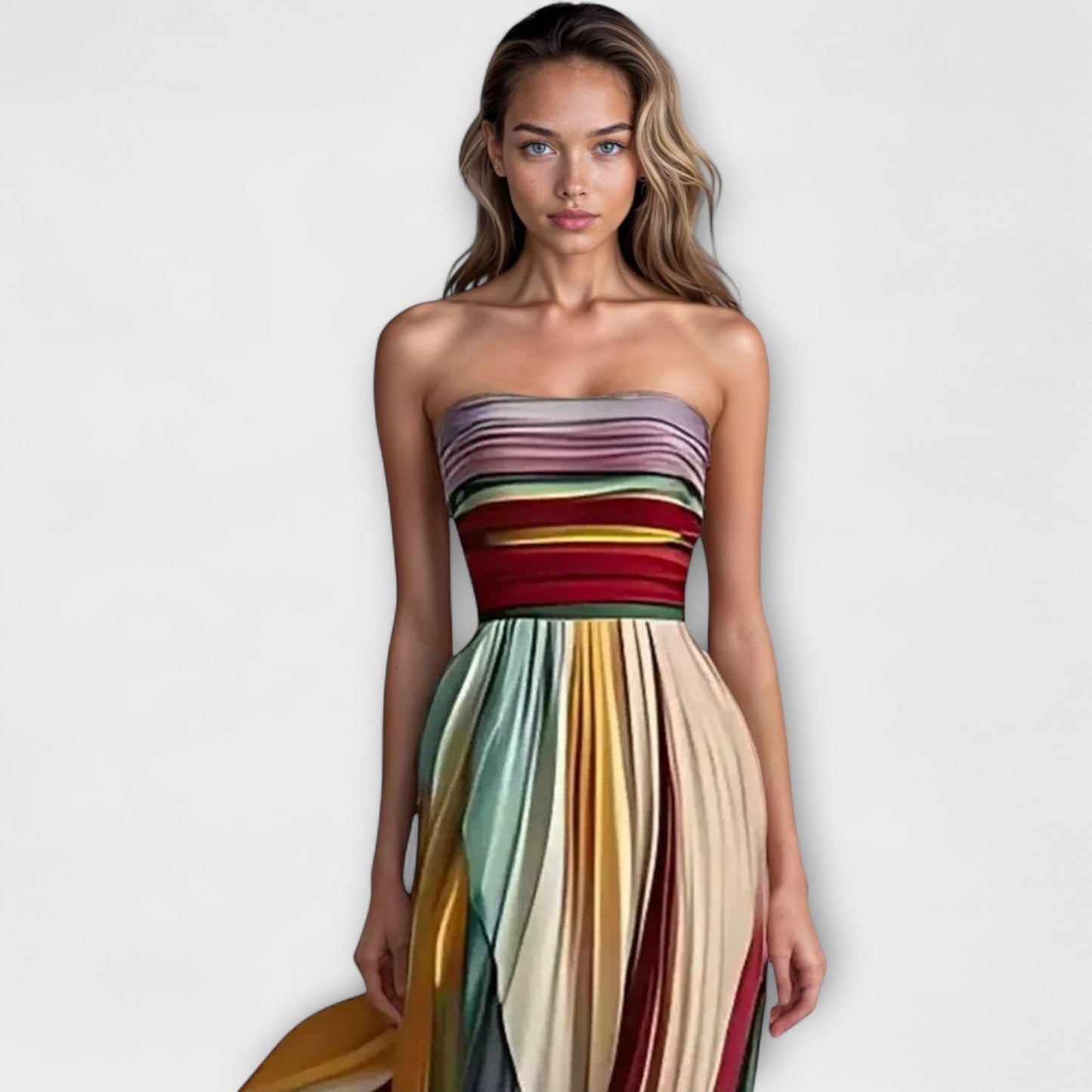 Rainbow Pleated Strapless Maxi Wedding Guest Dress